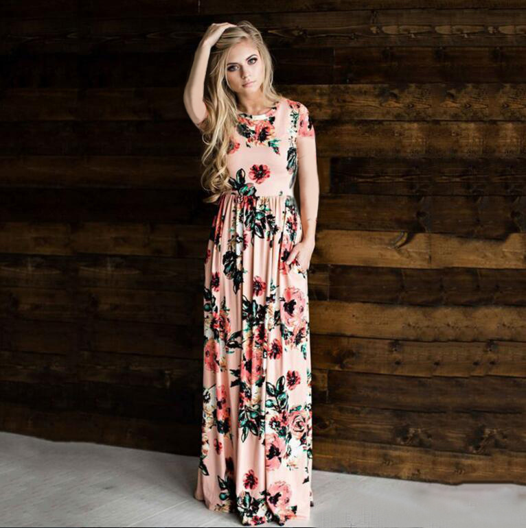 SZ60130-4 Womens Sleeve Floral Print Maxi Dress With Pockets